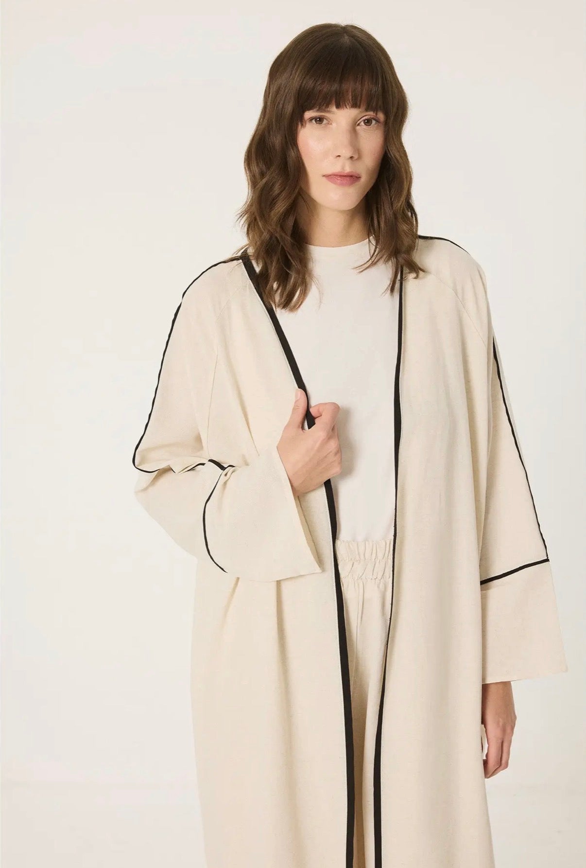 Cotton Kimono & Wide-Leg Pants Set - Contrast Trim Two-Piece