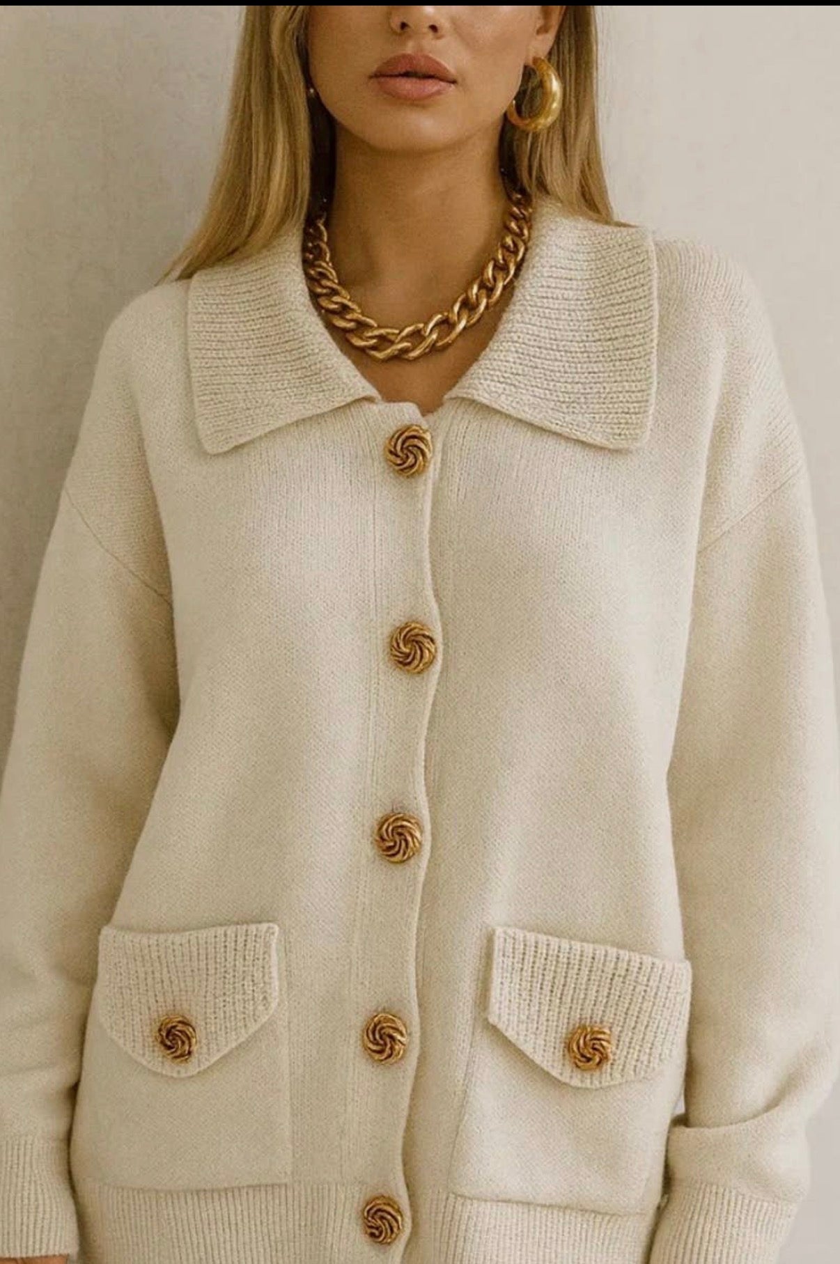 Short Cardigan with Wide Collar and Gold Buttons