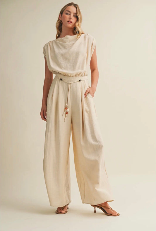 Cowl Neck Drawstring Wide Leg Jumpsuit