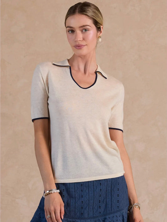 U-Neck Knit Contrast Polo Top