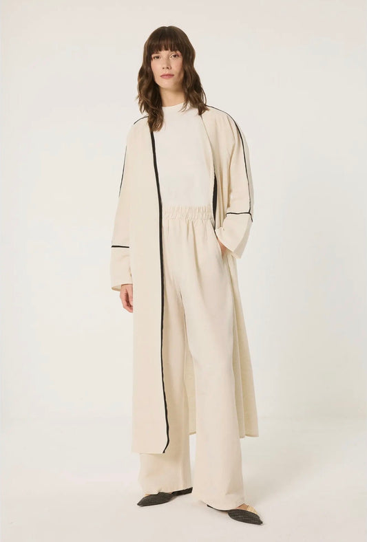 Cotton Kimono & Wide-Leg Pants Set - Contrast Trim Two-Piece