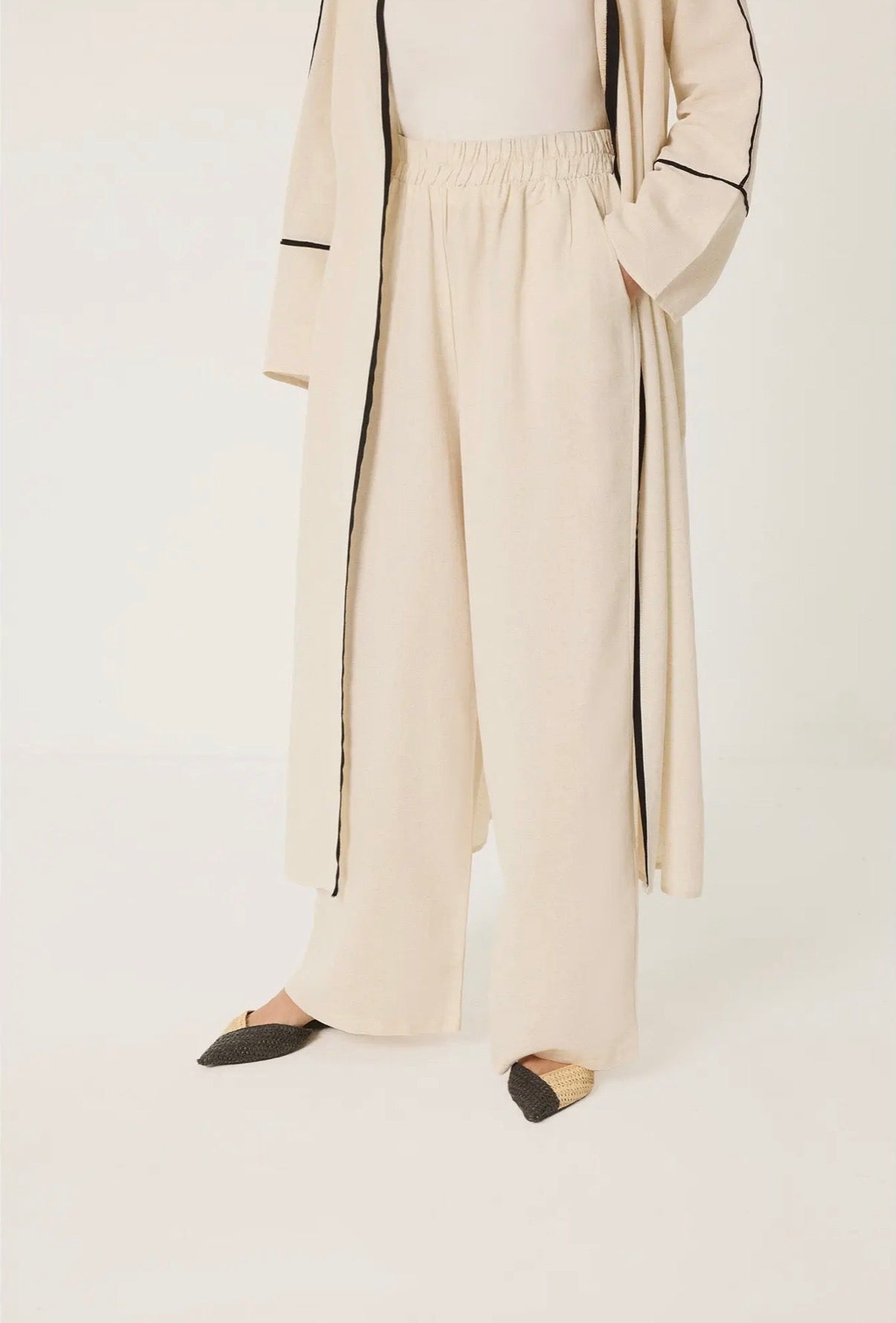 Cotton Kimono & Wide-Leg Pants Set - Contrast Trim Two-Piece