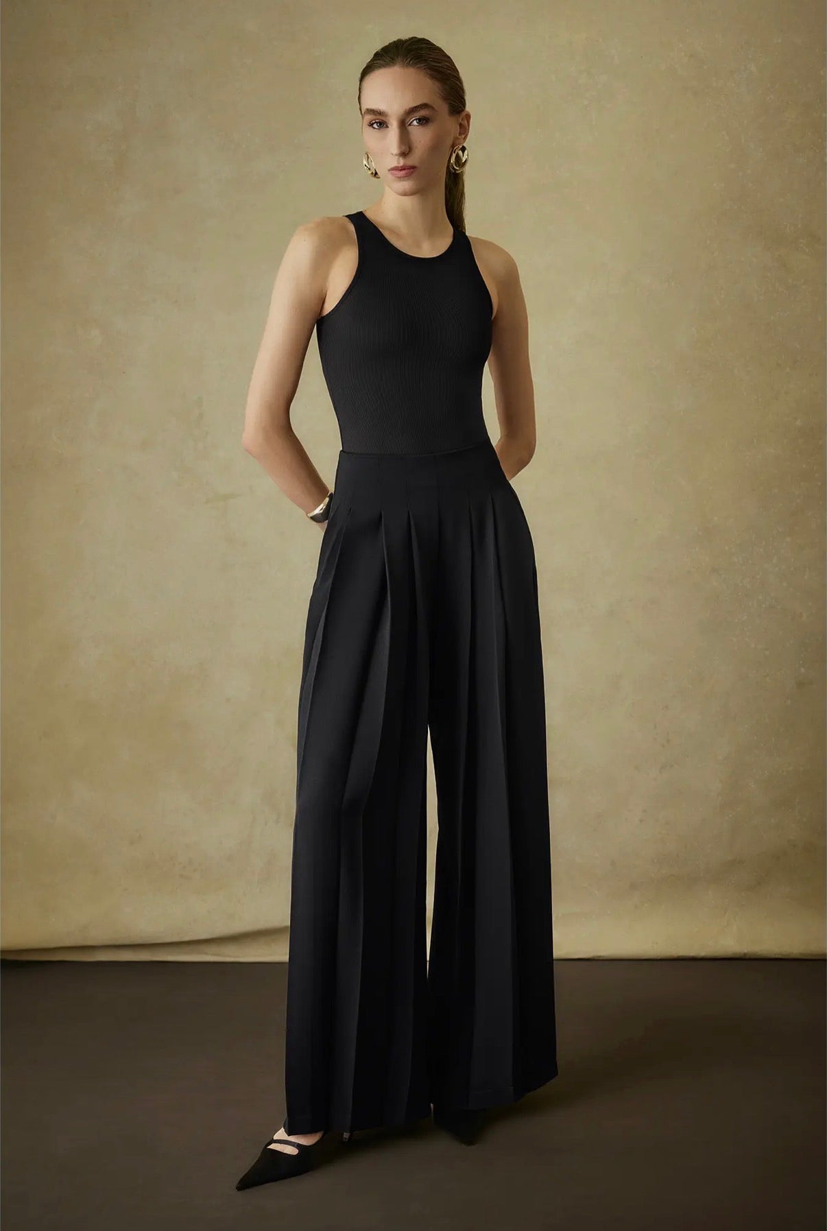 High-Waist Pleated Wide-Leg Pants - Flowing Crepe Trousers