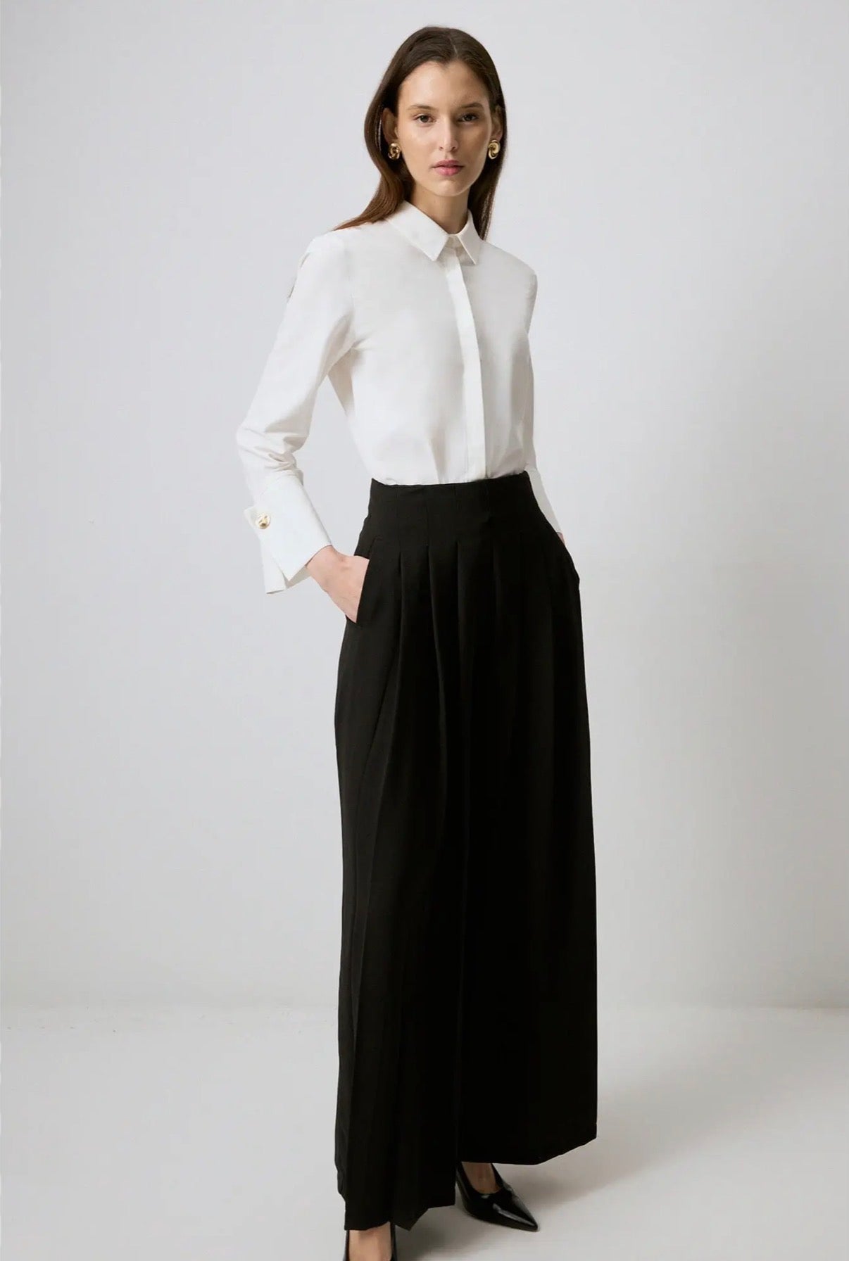 High-Waist Pleated Wide-Leg Pants - Flowing Crepe Trousers