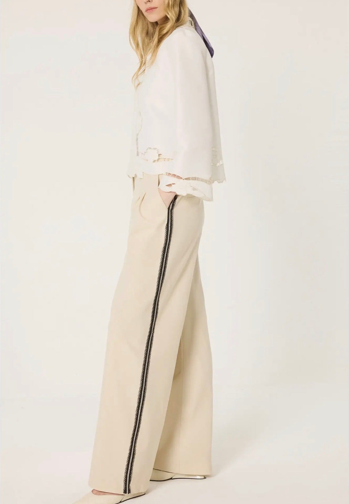 Wide Leg Pants with Lace Side Stripes - High Waist Tailored