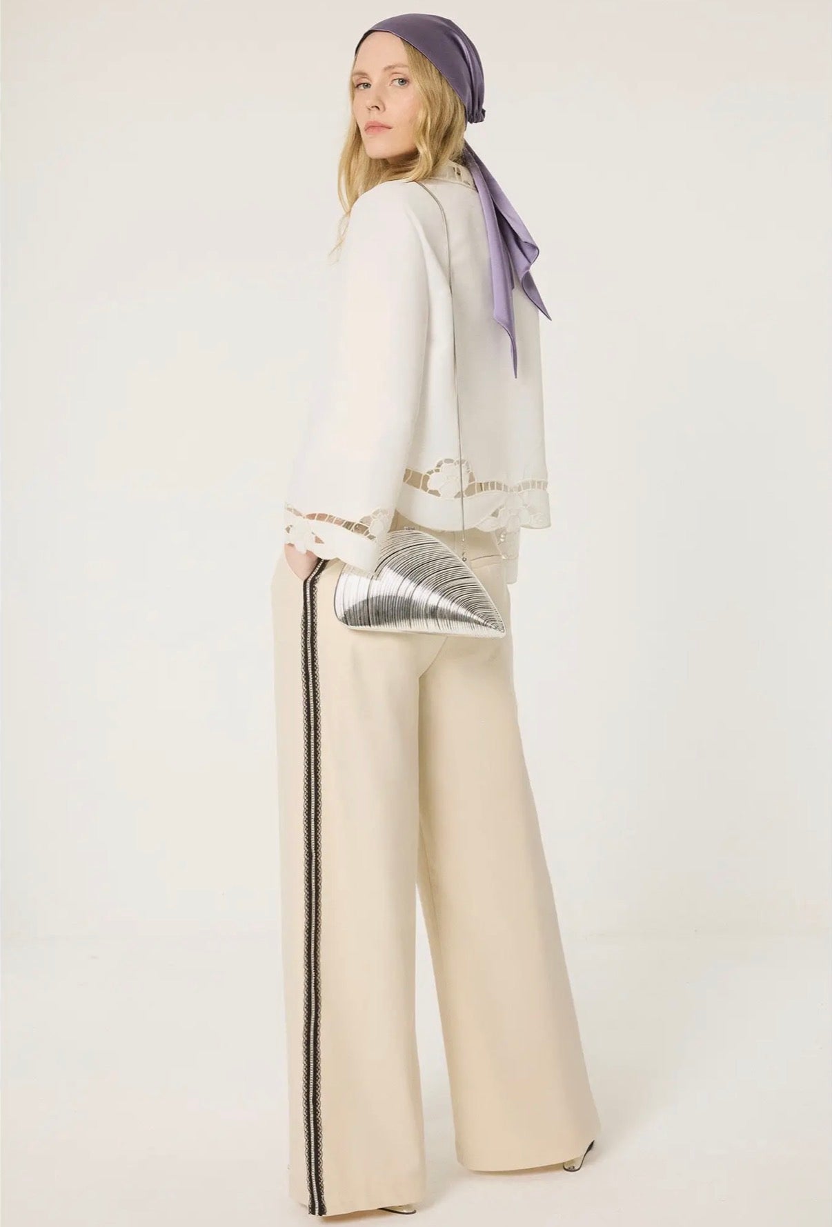 Wide Leg Pants with Lace Side Stripes - High Waist Tailored