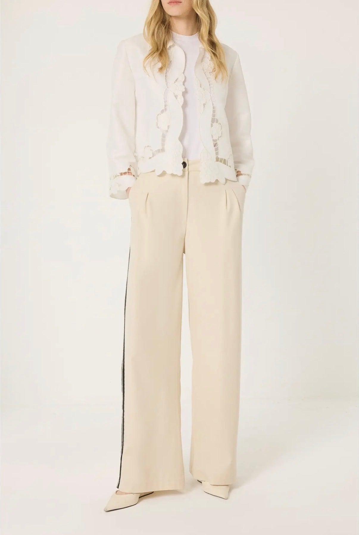 Wide Leg Pants with Lace Side Stripes - High Waist Tailored