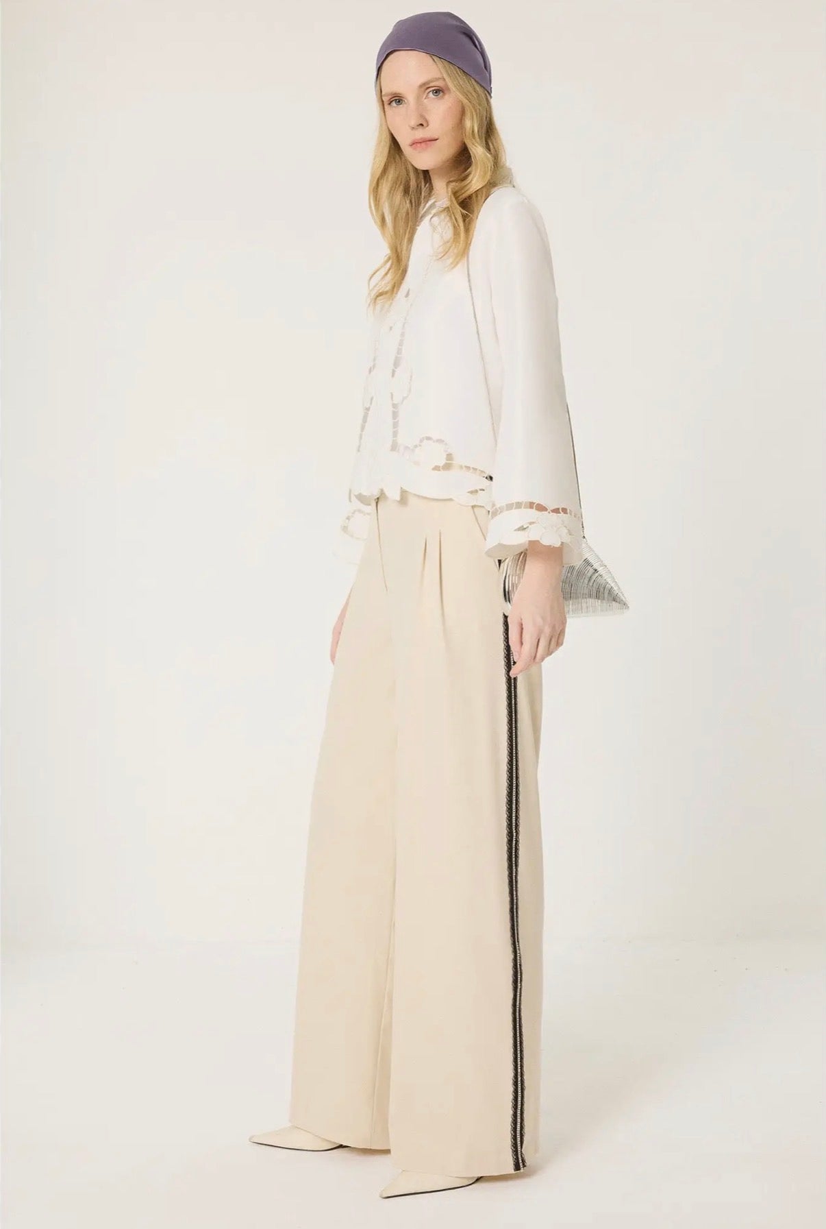 Wide Leg Pants with Lace Side Stripes - High Waist Tailored
