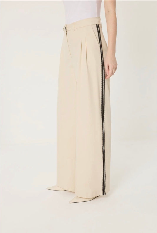 Wide Leg Pants with Lace Side Stripes - High Waist Tailored