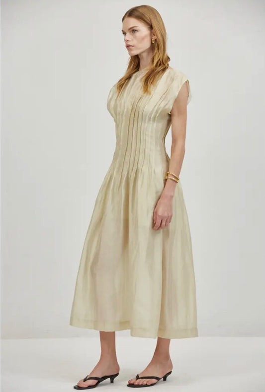 Linen Round Neck Short Sleeve Midi Dress