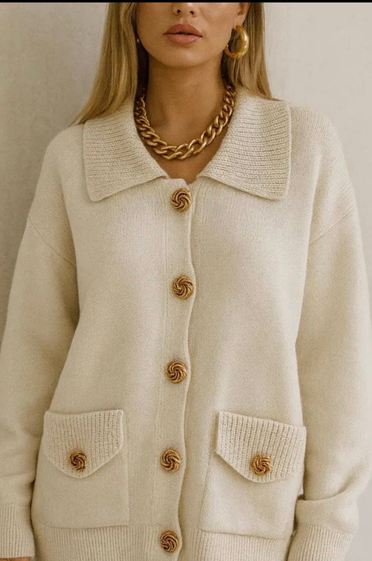 Short Cardigan with Wide Collar and Gold Buttons