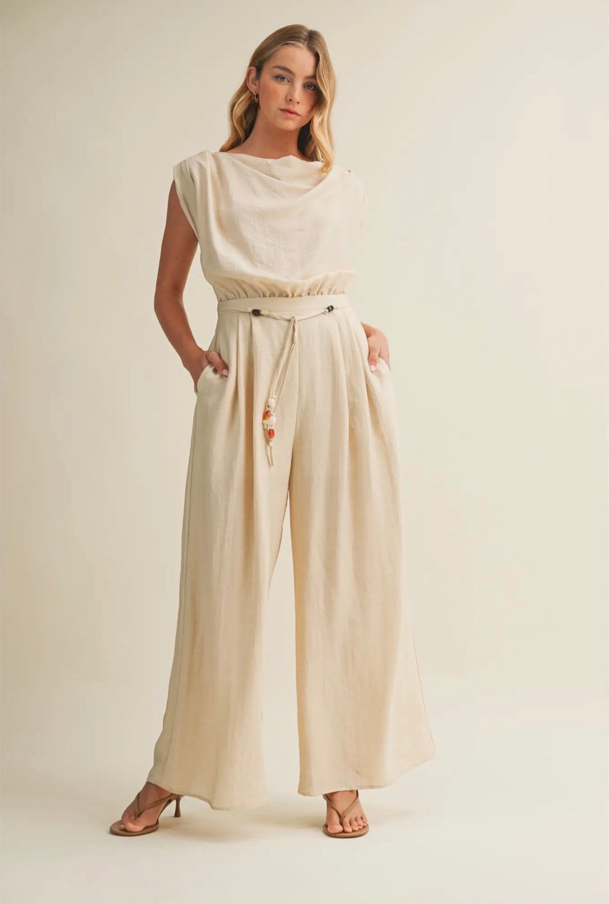 Cowl Neck Drawstring Wide Leg Jumpsuit