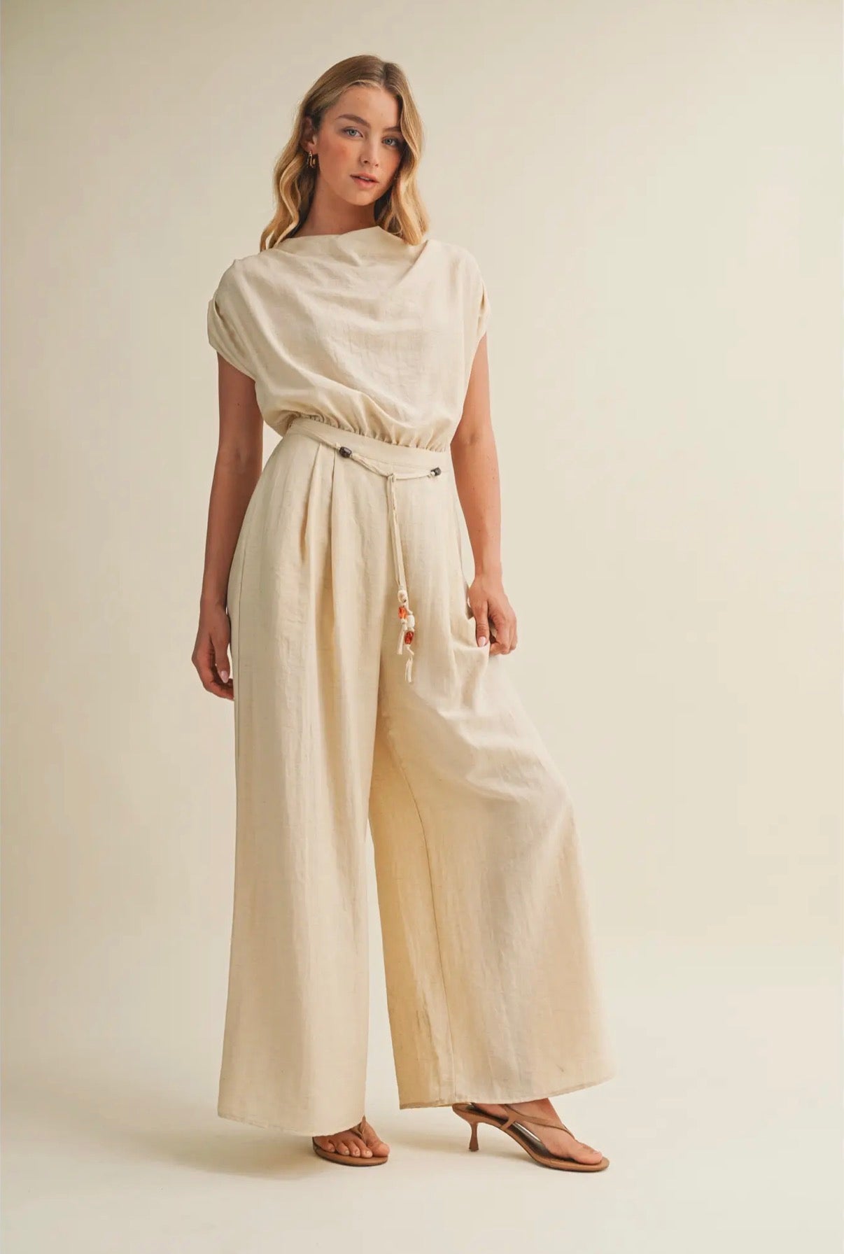 Cowl Neck Drawstring Wide Leg Jumpsuit