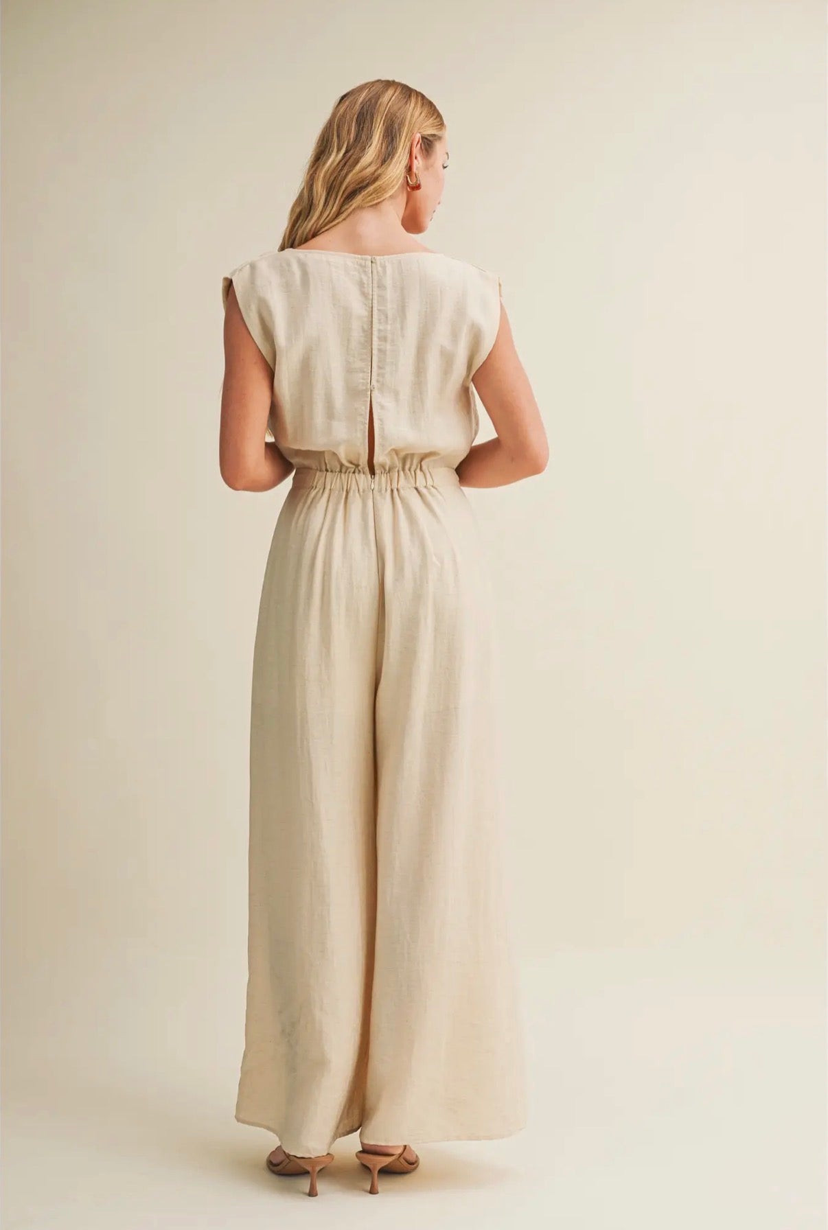 Cowl Neck Drawstring Wide Leg Jumpsuit