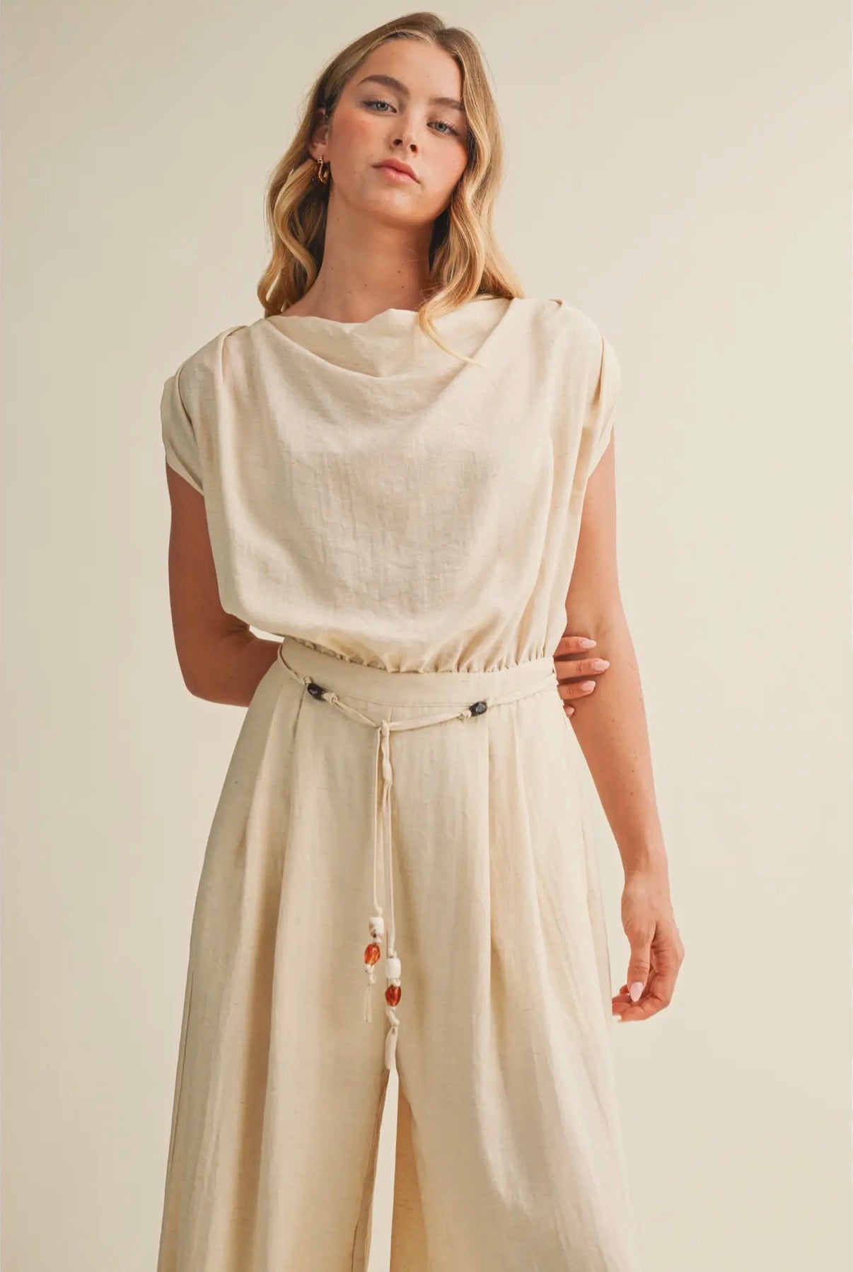Cowl Neck Drawstring Wide Leg Jumpsuit
